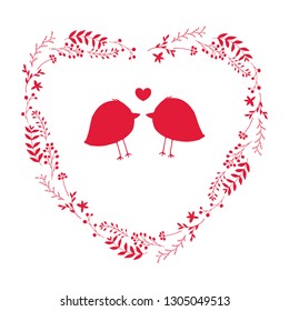Beautiful romantic vector illustration with couple of birds in love and flower wreath for Valentine Day designs. Red hand drawn floral silhouette elements isolated on white background. Cute card.