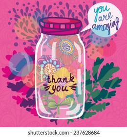 Beautiful romantic vector illustration of Glass jar and awesome flowers. Perfect for romantic greeting cards, wedding invitations and summer backgrounds. 