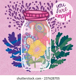 Beautiful romantic vector illustration of Glass jar and awesome flowers. Perfect for romantic greeting cards, wedding invitations and summer backgrounds.