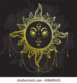 Beautiful romantic vintage gold sun symbol. Isolated vector illustration. Tattoo, astrology, alchemy, magic, bohemian