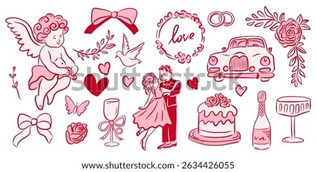 Beautiful and Romantic Wedding Illustrations Featuring Various Love Symbols and Themes