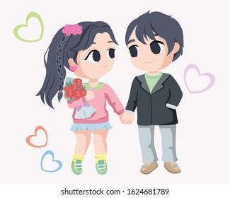 Beautiful romantic young couple holding hands. A young girl holding rose bouquet. Vector graphics. Romantic and sweet.
