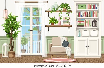 Beautiful room interior design with French doors, a white bookcase, an armchair, and a big ficus tree. Cartoon vector illustration