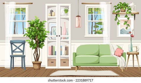 Beautiful room interior with a sofa, a white bookcase, two windows with tulle curtains, and houseplants. Cozy interior design. Cartoon vector illustration