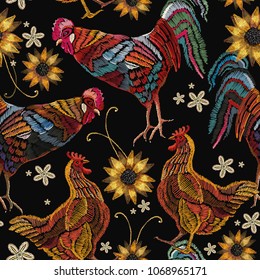 Beautiful rooster and chicken, classical embroidery seamless pattern. Embroidery chicken, rooster and sunflowers seamless pattern fashion template for clothes, textiles, t-shirt design