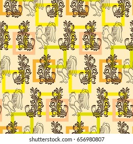 Beautiful rooster. Endless pattern. Background Fantastic Beasts.