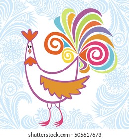 Beautiful rooster and winter background. Symbol of 2017 year. Vector illustration.