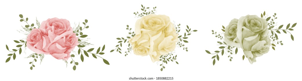  Beautiful rose bouquet watercolor set design element isolated on white background.