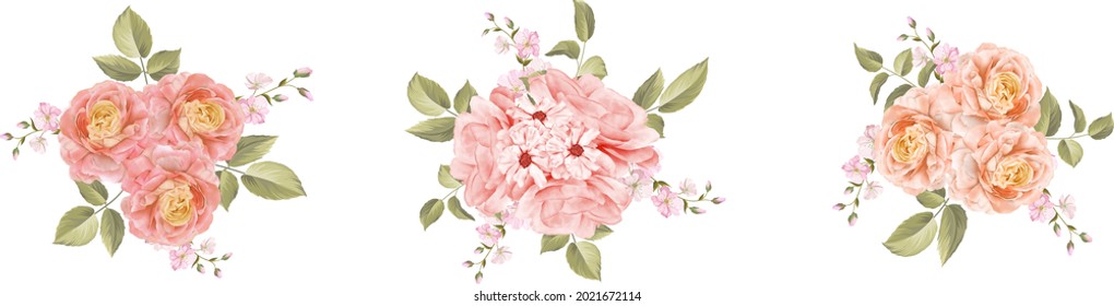  Beautiful rose bouquet watercolor set design element isolated on white background.Vector illustration.Eps10