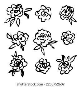 Beautiful rose buds in doodle style. Hand drawn vector set with black outline. Garden summer flowers peonies. Sketch in ink. Floral elements.