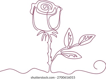 A beautiful rose is a continuous one-line art drawing, presented as a single sketch isolated on a white background