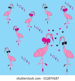 beautiful rose flamingos with love descriptions and hearts vector illustration