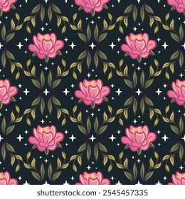 Beautiful rose floral pattern in kawaii style, beautifully decorated with bright green leaves against a starry sky background, elegant damask. For wallpaper, fabric, packaging, background.