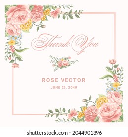 Beautiful Rose Flower and botanical leaf digital painted illustration for love wedding valentines day or arrangement invitation design greeting card.