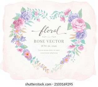 Hermosa flor rosa y forma de corazón de hoja botánica acuarela digital de ilustración pintada para el amor día de San Valentín de boda o arreglo invitación a tarjeta de bienvenida.