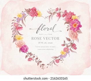 Hermosa flor rosa y forma de corazón de hoja botánica acuarela digital de ilustración pintada para el amor día de San Valentín de boda o arreglo invitación a tarjeta de bienvenida.