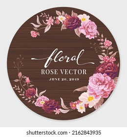 Beautiful Rose Flower and botanical leaf on wood label circle digital painted illustration for love wedding valentines day or arrangement invitation design greeting card.