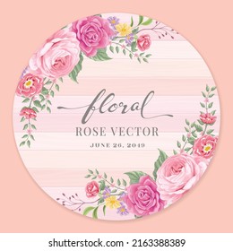 Beautiful Rose Flower and botanical leaf on wood label circle digital painted illustration for love wedding valentines day or arrangement invitation design greeting card.