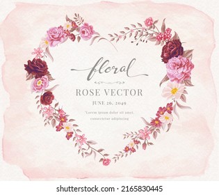 Beautiful Rose Flower and botanical leaf heart shape watercolor digital painted illustration for love wedding valentines day or arrangement invitation design greeting card.