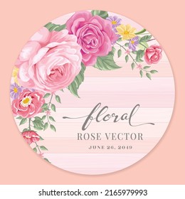 Beautiful Rose Flower and botanical leaf on wood label circle digital painted illustration for love wedding valentines day or arrangement invitation design greeting card.