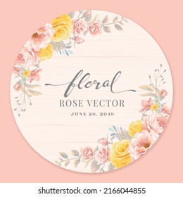 Beautiful Rose Flower and botanical leaf on wood label circle digital painted illustration for love wedding valentines day or arrangement invitation design greeting card.