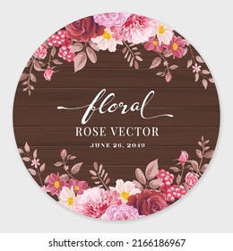 Beautiful Rose Flower and botanical leaf on wood label circle digital painted illustration for love wedding valentines day or arrangement invitation design greeting card.