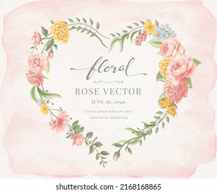 Hermosa flor rosa y forma de corazón de hoja botánica acuarela digital de ilustración pintada para el amor día de San Valentín de boda o arreglo invitación a tarjeta de bienvenida.