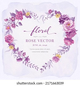 Beautiful Rose Flower and botanical leaf heart shape watercolor digital painted illustration for love wedding valentines day or arrangement invitation design greeting card.