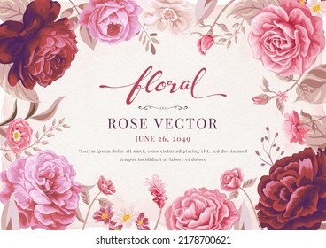 Beautiful Rose Flower and botanical leaf digital painted illustration for love wedding valentines day or arrangement invitation design greeting card.