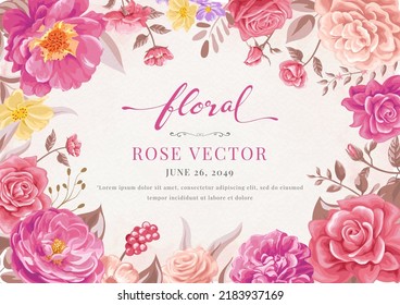 Beautiful Rose Flower and botanical leaf digital painted illustration for love wedding valentines day or arrangement invitation design greeting card.