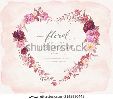 Beautiful Rose Flower and botanical leaf heart shape watercolor digital painted illustration for love wedding valentines day or arrangement invitation design greeting card.