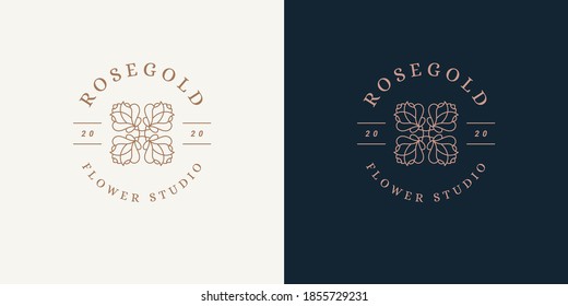 Beautiful rose flower logo template linear vector illustration. Abstract bloom bud emblem design for cosmetic packaging or flowers shop brand line art style.