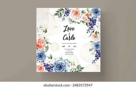 beautiful rose flower and purple grapes watercolor invitation card