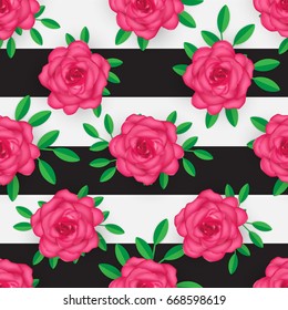 Beautiful rose flower seamless vector pattern on geometric background. Vector illustration