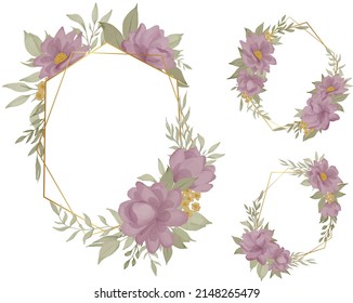beautiful rose flower watercolor frame with gold geometric line