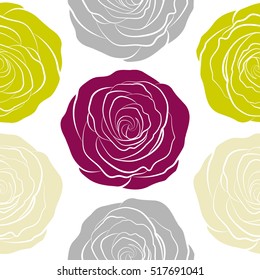 Beautiful rose flowers in gray, purple and yellow colors on a white background. Stylized roses seamless pattern. Vector illustration.