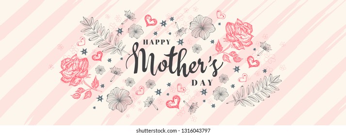 Beautiful rose flowers and leaves decorated on stripe background with stylish lettering of Mother's Day. Header or banner design.