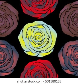 Beautiful rose flowers in yellow, blue and red colors on a black background. Stylized roses seamless pattern. Vector illustration.