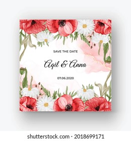 Beautiful rose frame background for wedding invitation with red poppy flower