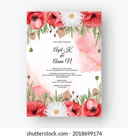 Beautiful rose frame background for wedding invitation with red poppy flower