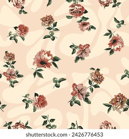 Beautiful Rose garden pattern. Botanical Motifs are scattered randomly. Seamless vector texture. For fashion prints. Printing in watercolor style on a beige background color