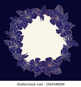 Beautiful rose gold hibiscus circular floral frame with blue background