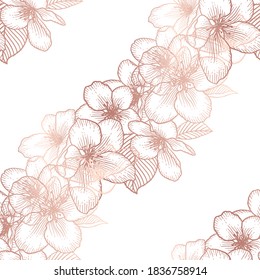 Beautiful rose golden seamless floral pattern with apple flowers over white. Nature botanical gold vector background illustration. Stock graphic design.
