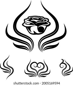 beautiful rose icon silhouette with ornamental symbols can be used in different combinations and in different projects. Set of ornamental swirl shapes one representing heart and wings.