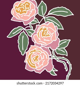 Beautiful rose and leave. Romantic bohemian flowers  bouquet decorative element for birthday party postcard, wedding celebration invitation. Hand drawn vector illustration. Stained glass style drawing