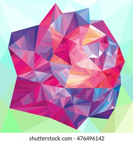 A beautiful rose in low-poly style. Pink-purple rose on a green low-poly background. Vector illustration.