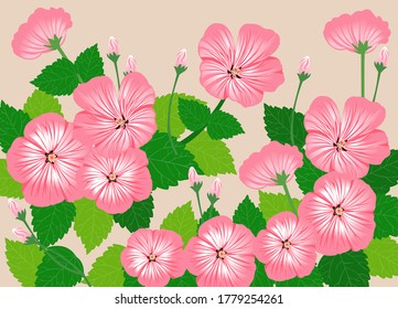 Hermosas semillas de malva rosa y hojas verdes, simple impresión de flores para cualquier diseño