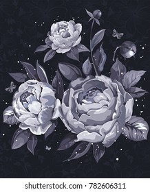 Beautiful rose on black background. Floral frame with peonies flowers. Greeting card or template for design