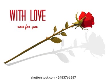 A beautiful rose on a long stem. With love, rose for you. Vector illustration with shadow isolated on white background