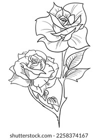 hermoso contorno de rosa para el libro de colorear. se puede usar como diseño de tatuajes de rosa. página de color rosa para adultos y niños. contorno de flores en blanco y negro.